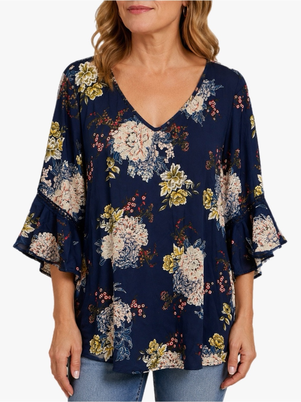 Roommates Plus Size 3X Floral Boho Tunic Top Navy Blue V-Neck Bell Sleeve Blouse